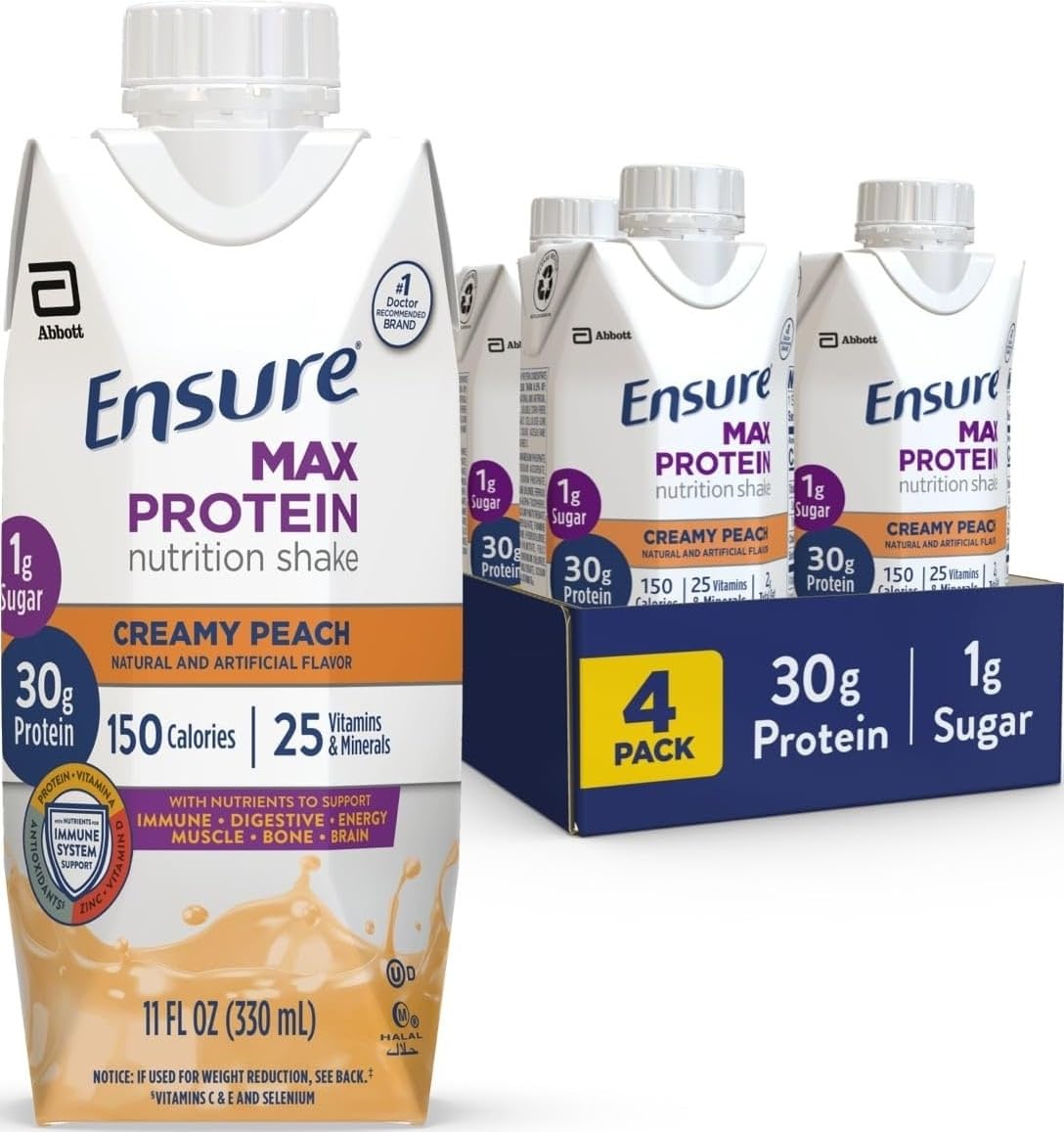 Ensure Max Protein Milk Chocolate Shake, 30g High Protein, 4 Pack | 30g Protein to Support Muscle Health & Manage Hunger for Adults, Each Protein Shake has 1g Sugar, 150 Calories, 4g Fiber