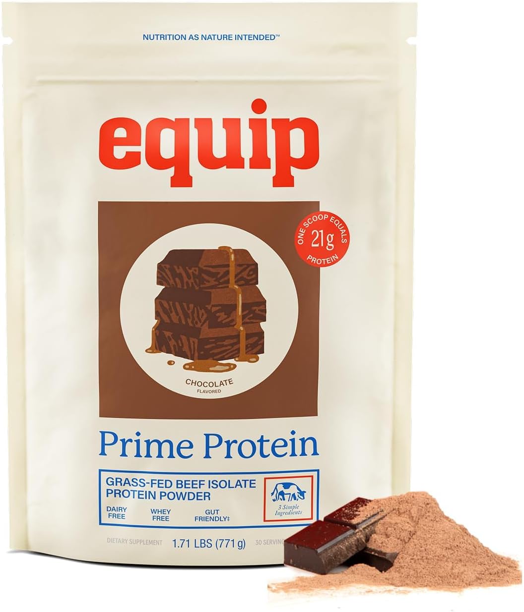 Equip Prime Chocolate Protein Powder - Gut-Friendly, No Sugar Protein Shake Powder with Grass-Fed Beef & Natural Collagen - Rich & Creamy Mix - 21g Per Serving - Whey & Dairy-Free (30 Scoops)