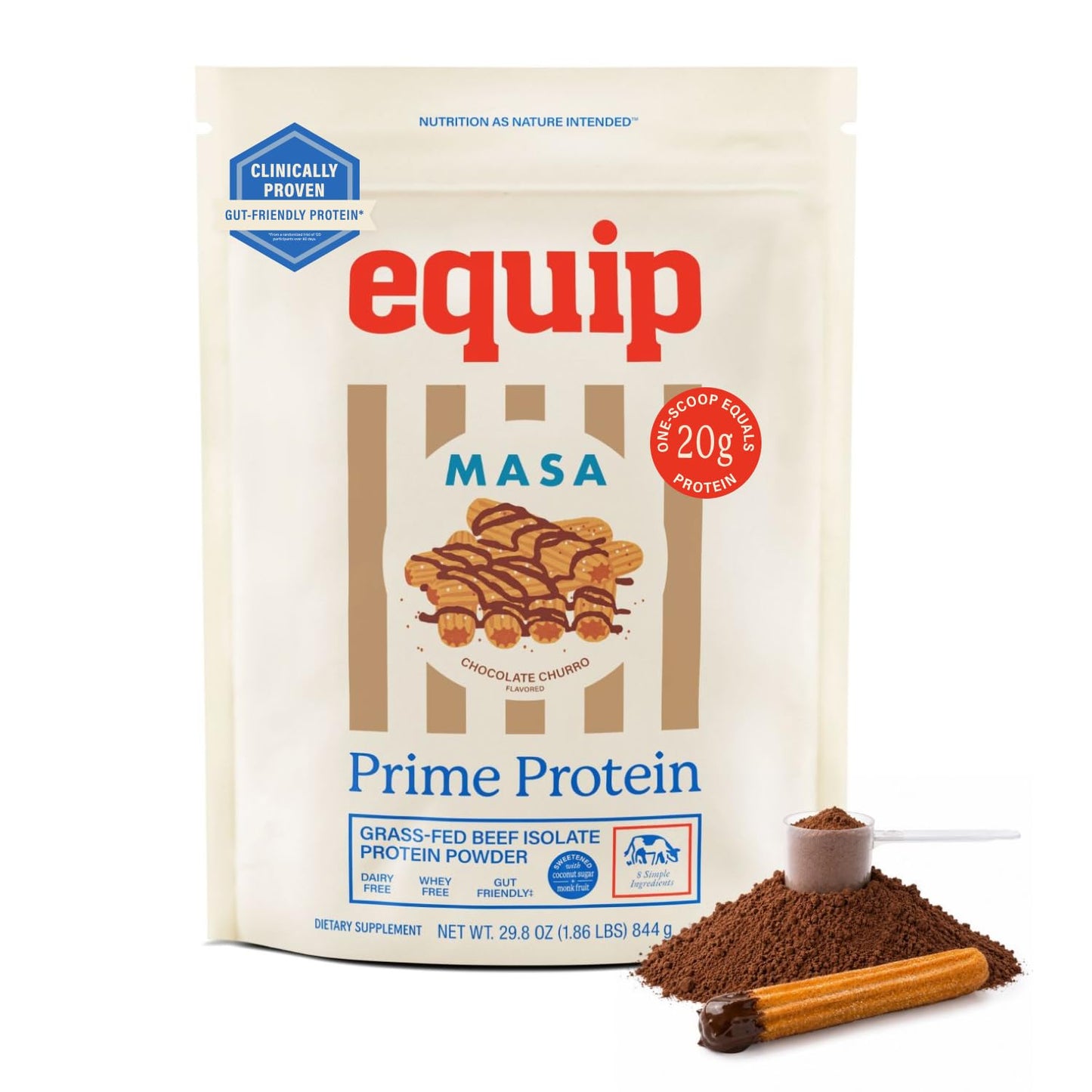 Equip Prime Chocolate Protein Powder - Gut-Friendly, No Sugar Protein Shake Powder with Grass-Fed Beef & Natural Collagen - Rich & Creamy Mix - 21g Per Serving - Whey & Dairy-Free (30 Scoops)