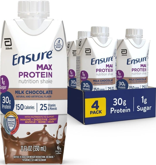 Ensure Max Protein Milk Chocolate Shake, 30g High Protein, 4 Pack | 30g Protein to Support Muscle Health & Manage Hunger for Adults, Each Protein Shake has 1g Sugar, 150 Calories, 4g Fiber