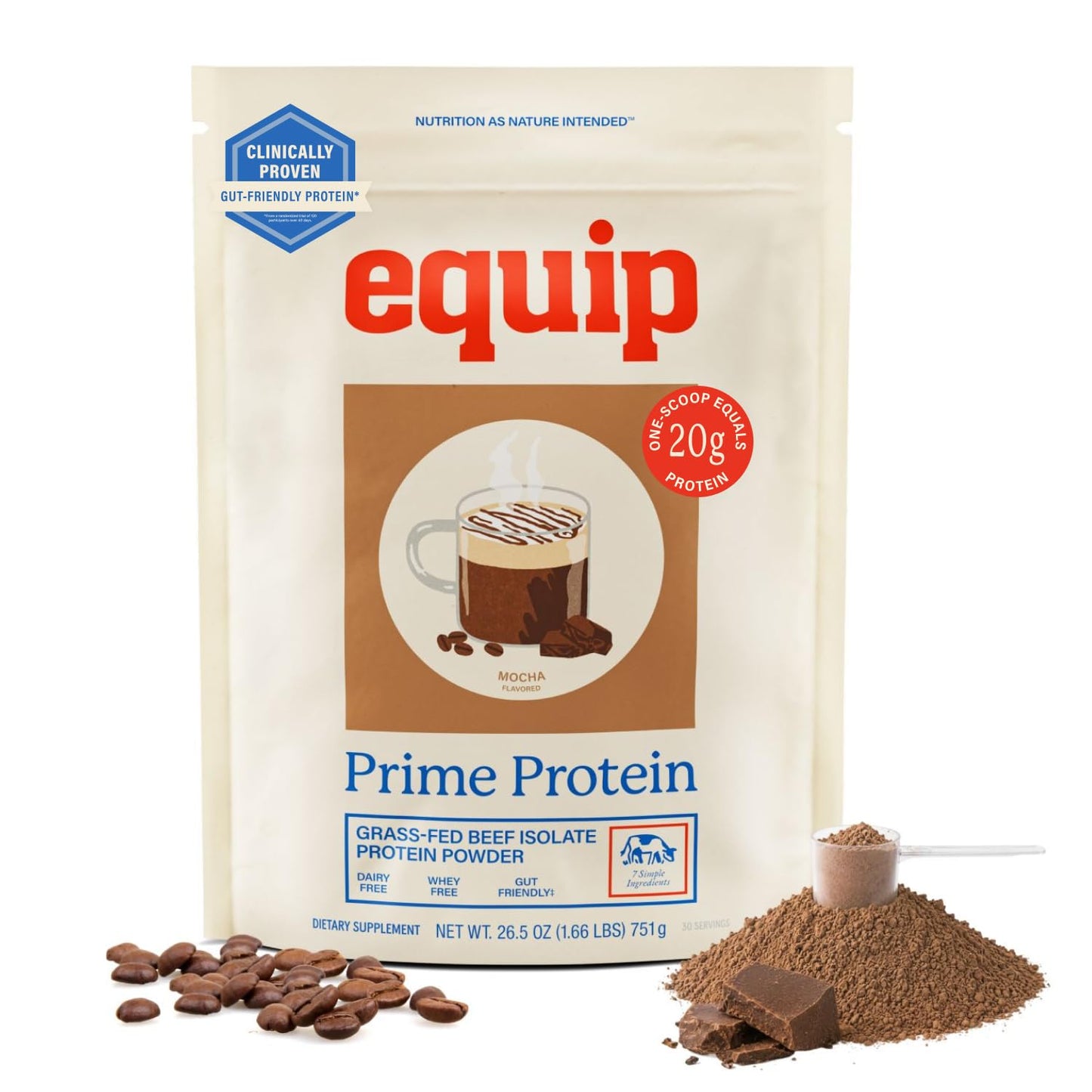 Equip Prime Chocolate Protein Powder - Gut-Friendly, No Sugar Protein Shake Powder with Grass-Fed Beef & Natural Collagen - Rich & Creamy Mix - 21g Per Serving - Whey & Dairy-Free (30 Scoops)