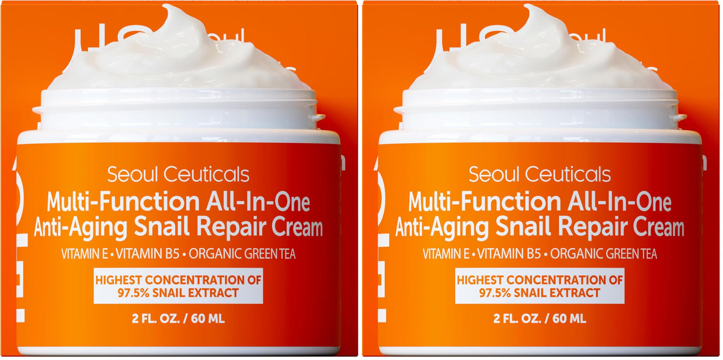 SeoulCeuticals Snail Mucin Moisturizer 97.5% - Korean Skin Care Snail Repair Cream - Day & Night Anti Aging K Beauty Skincare Cruelty Free 2oz (Pack of 2)