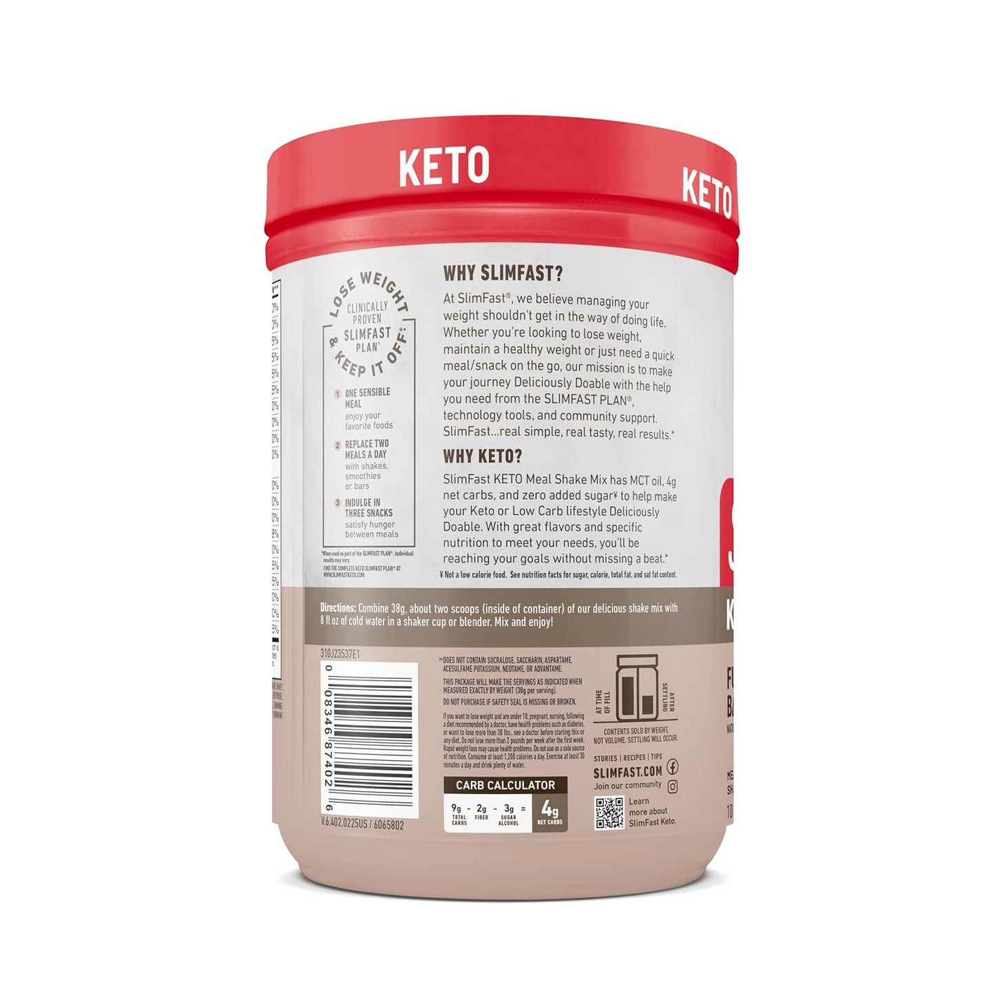 SlimFast Keto Meal Replacement Shake, Fudge Brownie Batter, Low Carb Keto Protein Powder with Collagen & Whey, No Sugar Added, Gluten Free, Weight Loss Support, 10-Serving Canister