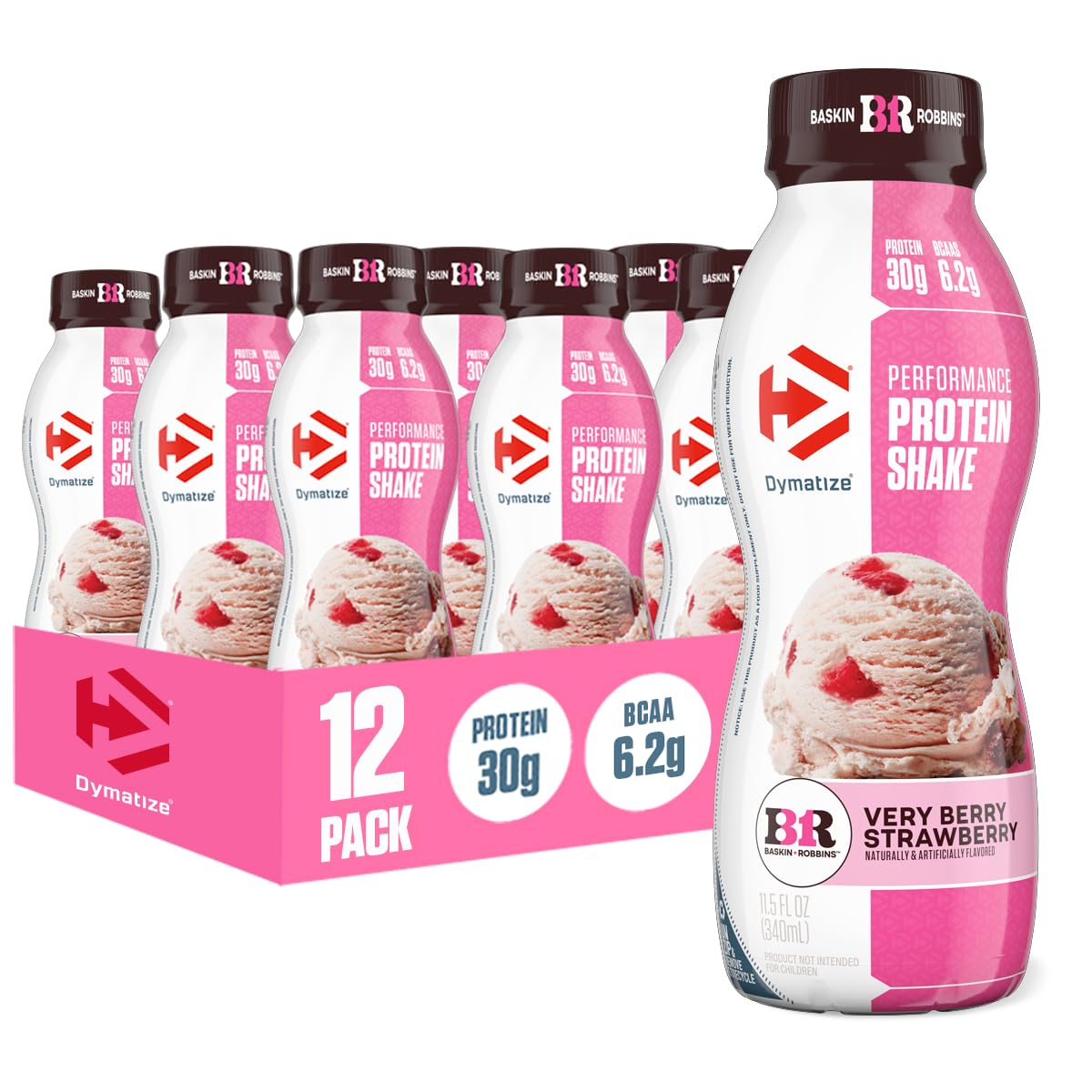 Dymatize x Baskin Robbins, Performance Protein Shake, Very Berry Strawberry, 30g Protein, 6.2g BCAA for Muscle Recovery, No Added Sugar, Low Fat, 24 Vitamins & Minerals, Gluten-Free, On-the-Go Snack, 11.5 fl oz (12 Pack)