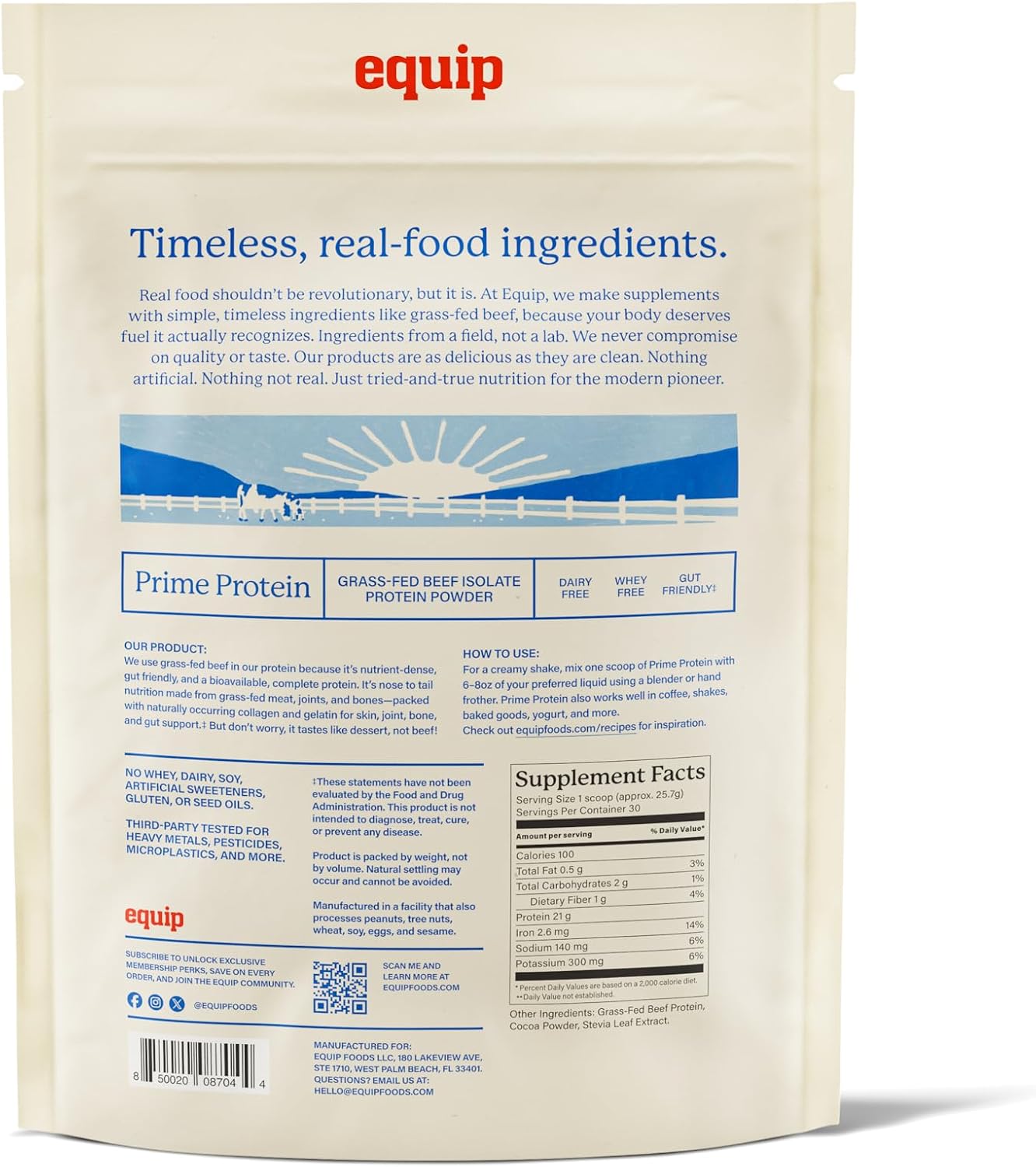 Equip Prime Chocolate Protein Powder - Gut-Friendly, No Sugar Protein Shake Powder with Grass-Fed Beef & Natural Collagen - Rich & Creamy Mix - 21g Per Serving - Whey & Dairy-Free (30 Scoops)