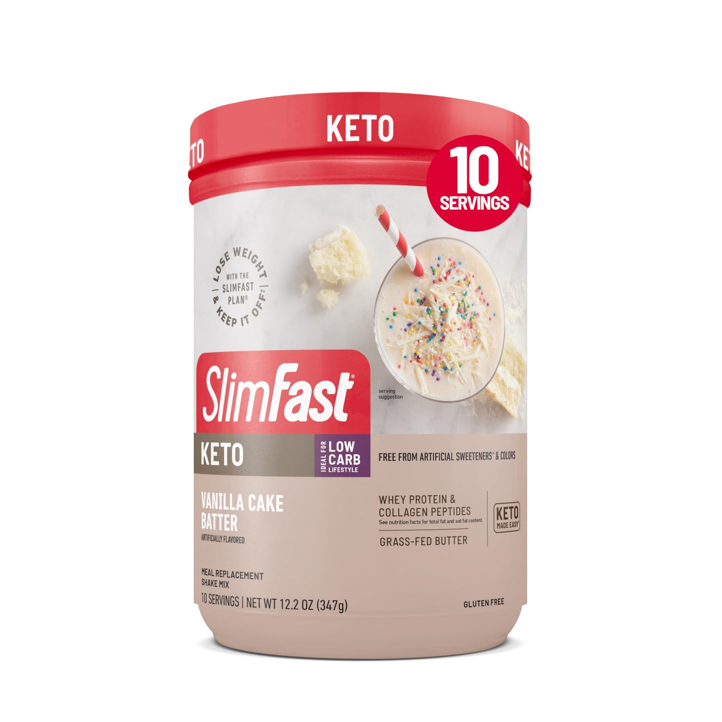 SlimFast Keto Meal Replacement Shake, Fudge Brownie Batter, Low Carb Keto Protein Powder with Collagen & Whey, No Sugar Added, Gluten Free, Weight Loss Support, 10-Serving Canister
