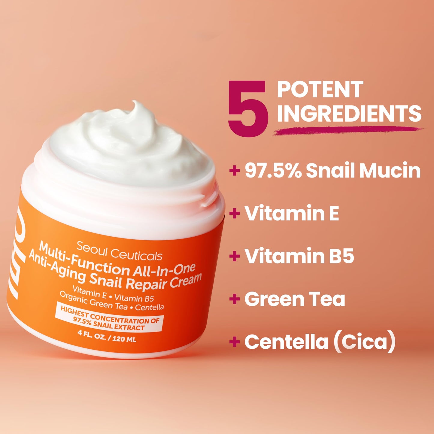 SeoulCeuticals Large 4oz 97.5% Snail Mucin Moisturizer Cream Korean Skin Care Day & Night Snail Repair for Face - K Beauty Anti Aging Facial Skincare (Pack of 2)