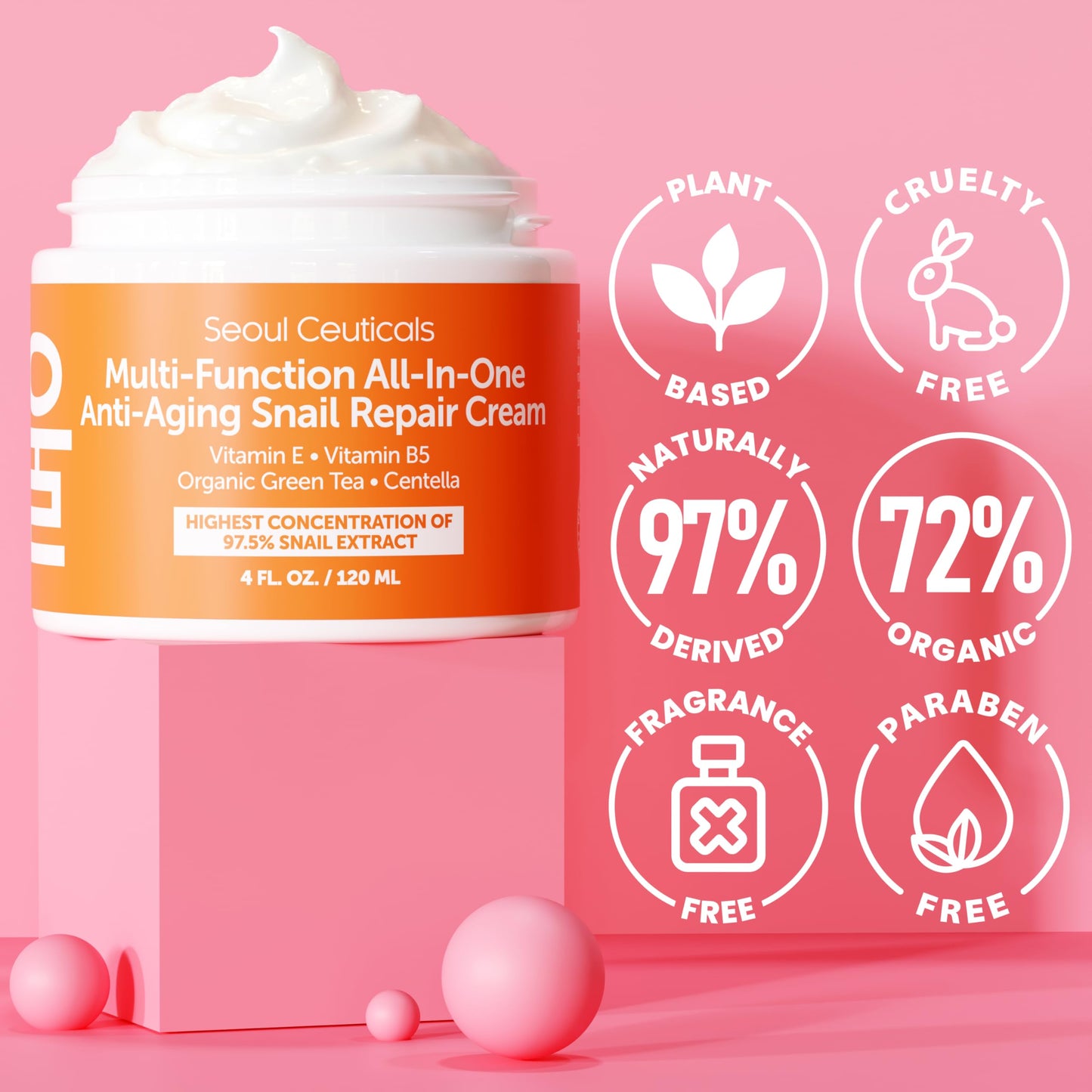SeoulCeuticals Large 4oz 97.5% Snail Mucin Moisturizer Cream Korean Skin Care Day & Night Snail Repair for Face - K Beauty Anti Aging Facial Skincare (Pack of 2)