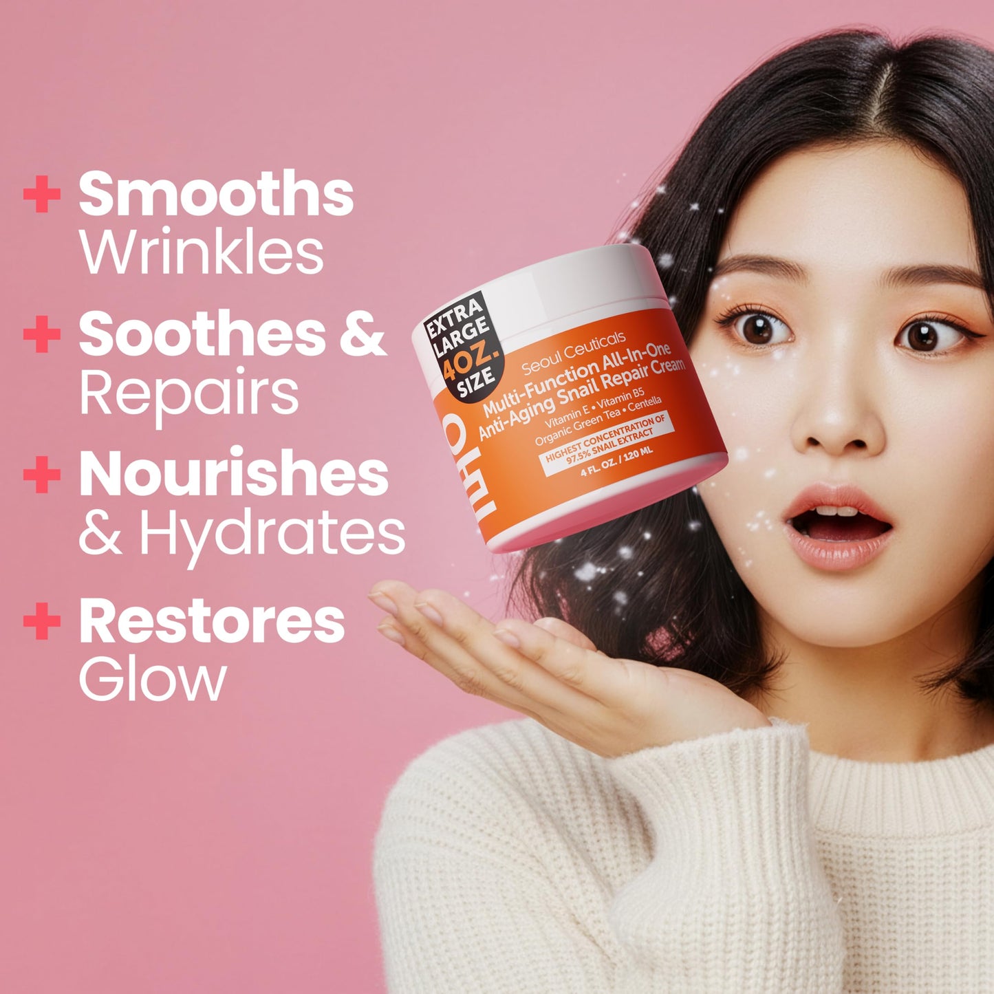 SeoulCeuticals Large 4oz 97.5% Snail Mucin Moisturizer Cream Korean Skin Care Day & Night Snail Repair for Face - K Beauty Anti Aging Facial Skincare (Pack of 2)