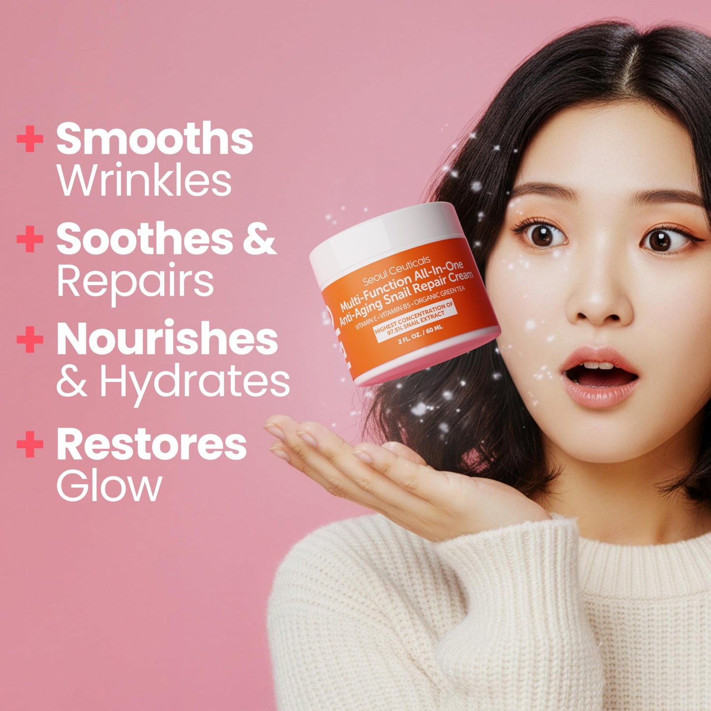 SeoulCeuticals Snail Mucin Moisturizer 97.5% - Korean Skin Care Snail Repair Cream - Day & Night Anti Aging K Beauty Skincare Cruelty Free 2oz (Pack of 2)