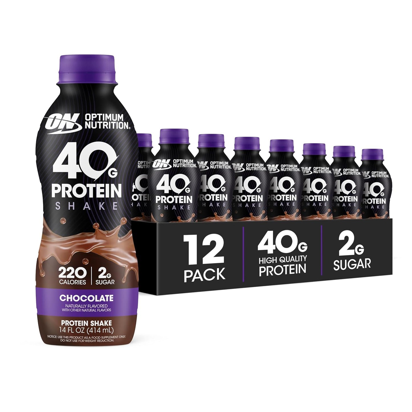 Optimum Nutrition 40g Protein Shake, Chocolate, 14 Fl Oz, 12 Ct