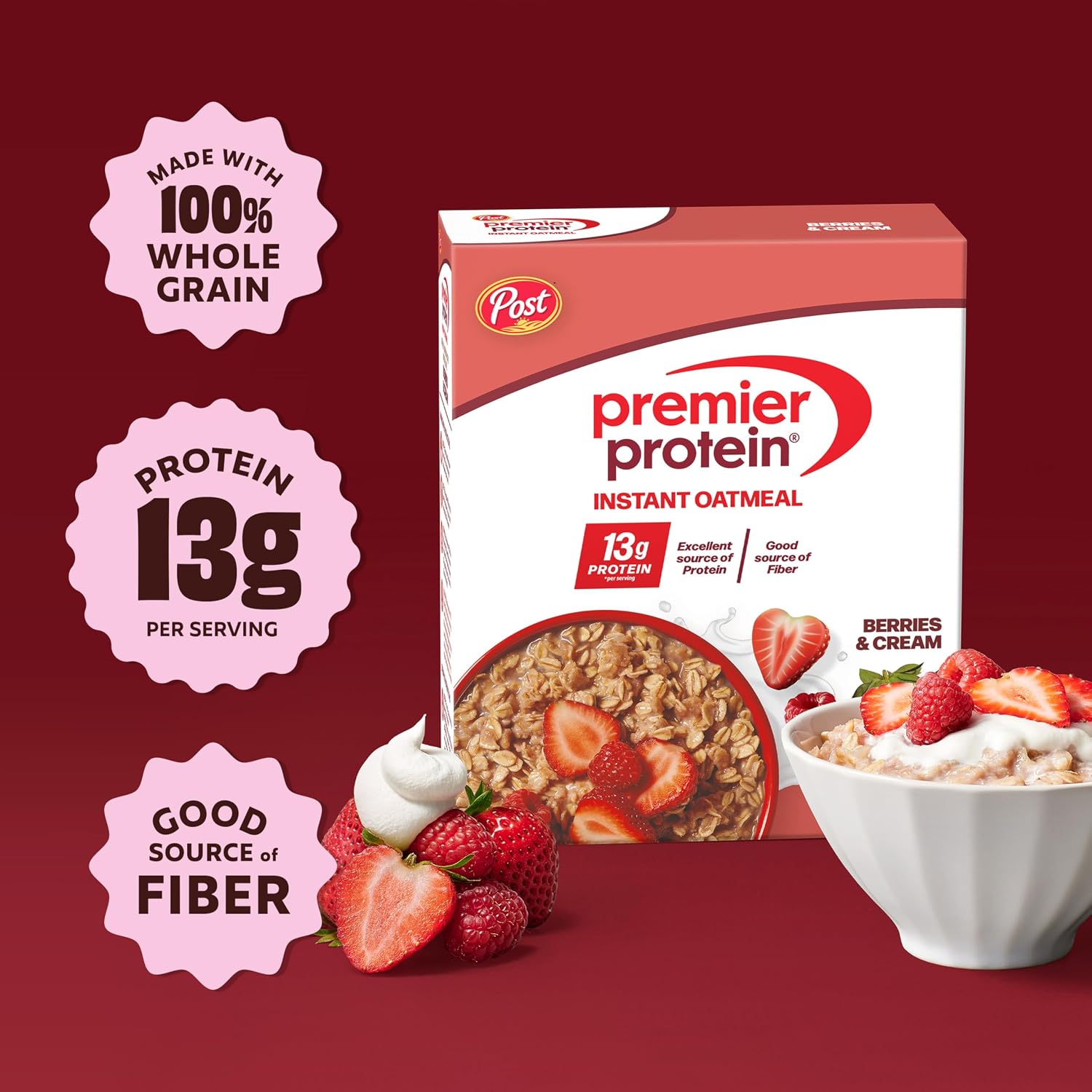 Premier Protein Berries & Creme Flavored Protein Oatmeal, 10.6 oz, 6 Pack
