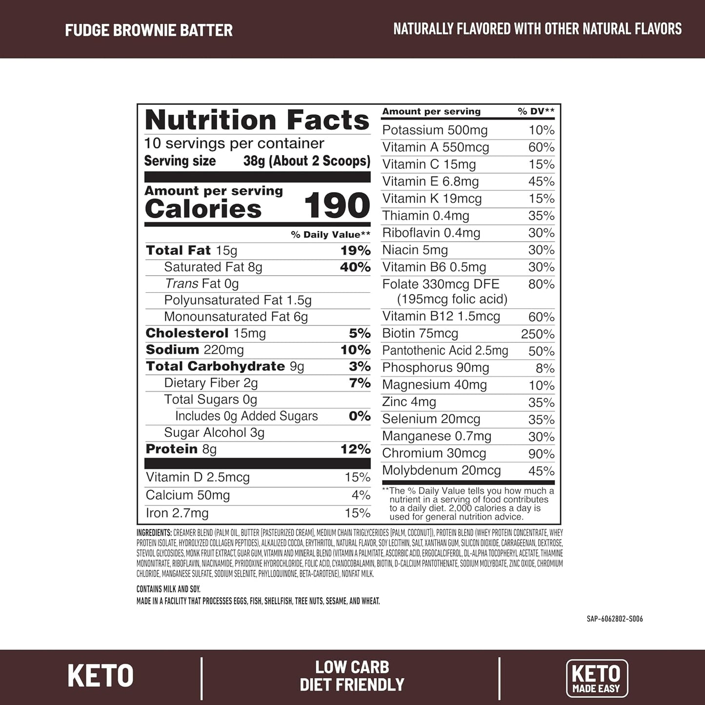 SlimFast Keto Meal Replacement Shake, Fudge Brownie Batter, Low Carb Keto Protein Powder with Collagen & Whey, No Sugar Added, Gluten Free, Weight Loss Support, 10-Serving Canister