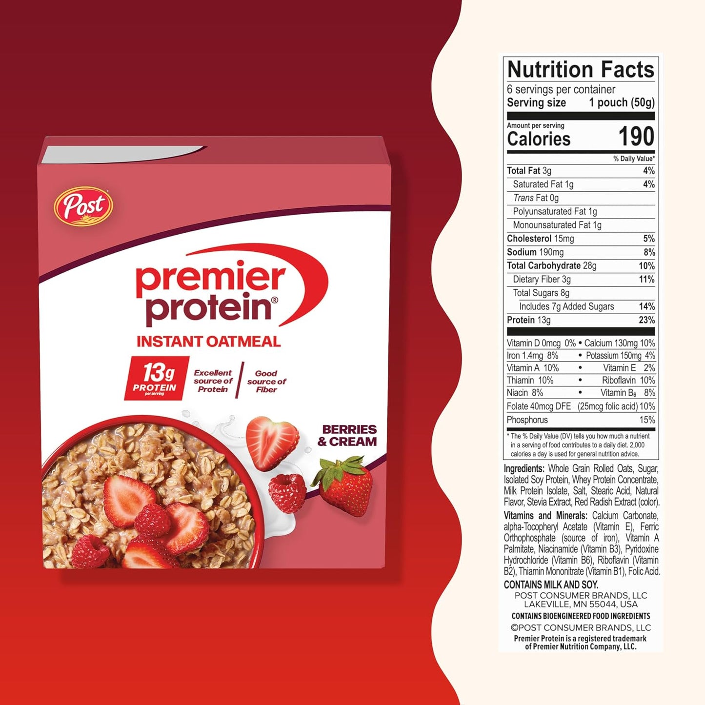 Premier Protein Berries & Creme Flavored Protein Oatmeal, 10.6 oz, 6 Pack