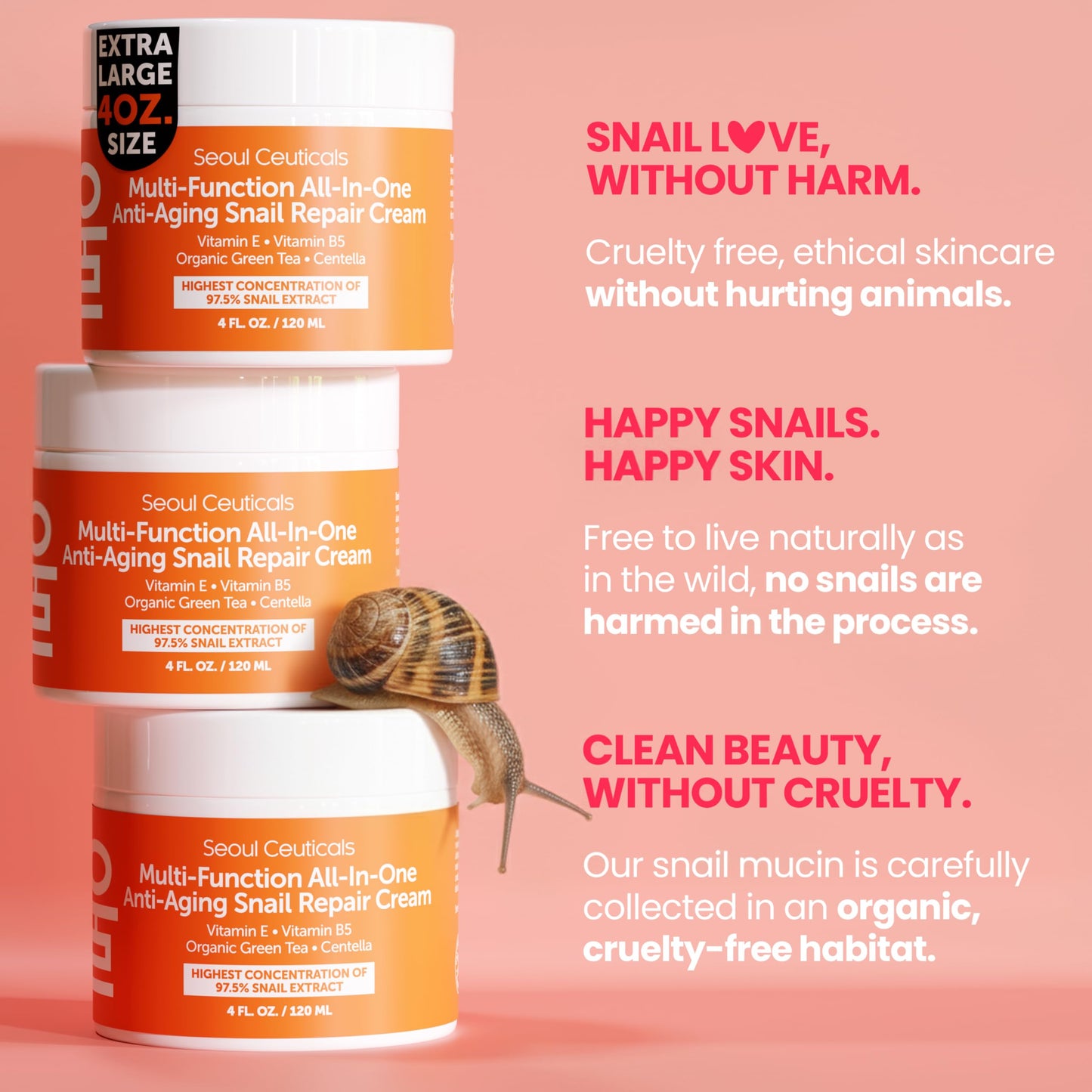 SeoulCeuticals Large 4oz 97.5% Snail Mucin Moisturizer Cream Korean Skin Care Day & Night Snail Repair for Face - K Beauty Anti Aging Facial Skincare (Pack of 2)
