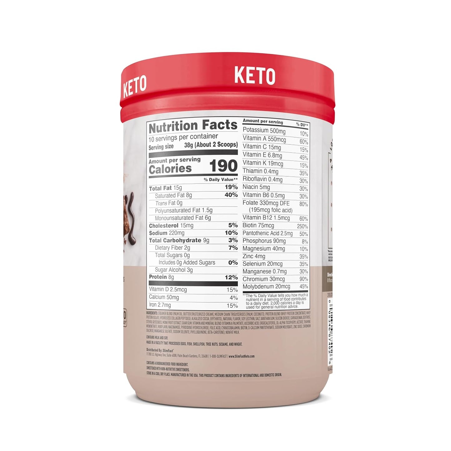 SlimFast Keto Meal Replacement Shake, Fudge Brownie Batter, Low Carb Keto Protein Powder with Collagen & Whey, No Sugar Added, Gluten Free, Weight Loss Support, 10-Serving Canister