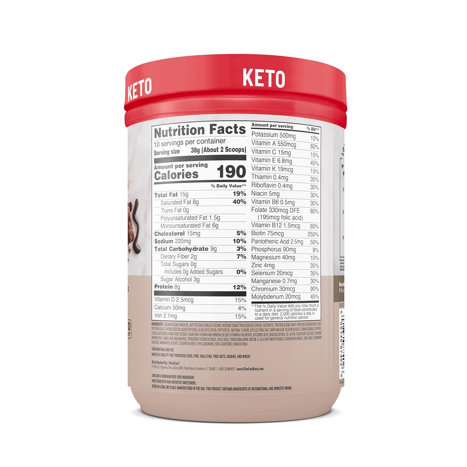 SlimFast Keto Meal Replacement Shake, Fudge Brownie Batter, Low Carb Keto Protein Powder with Collagen & Whey, No Sugar Added, Gluten Free, Weight Loss Support, 10-Serving Canister